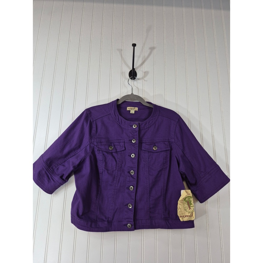 NWT One World Womens Purple Short Sleeve Denim Jacket Cropped Button Front L